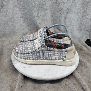 Hey Dude Shoes Womens Size 7 Gray Canvas Embroidery Gray Boho Slip On *Read*